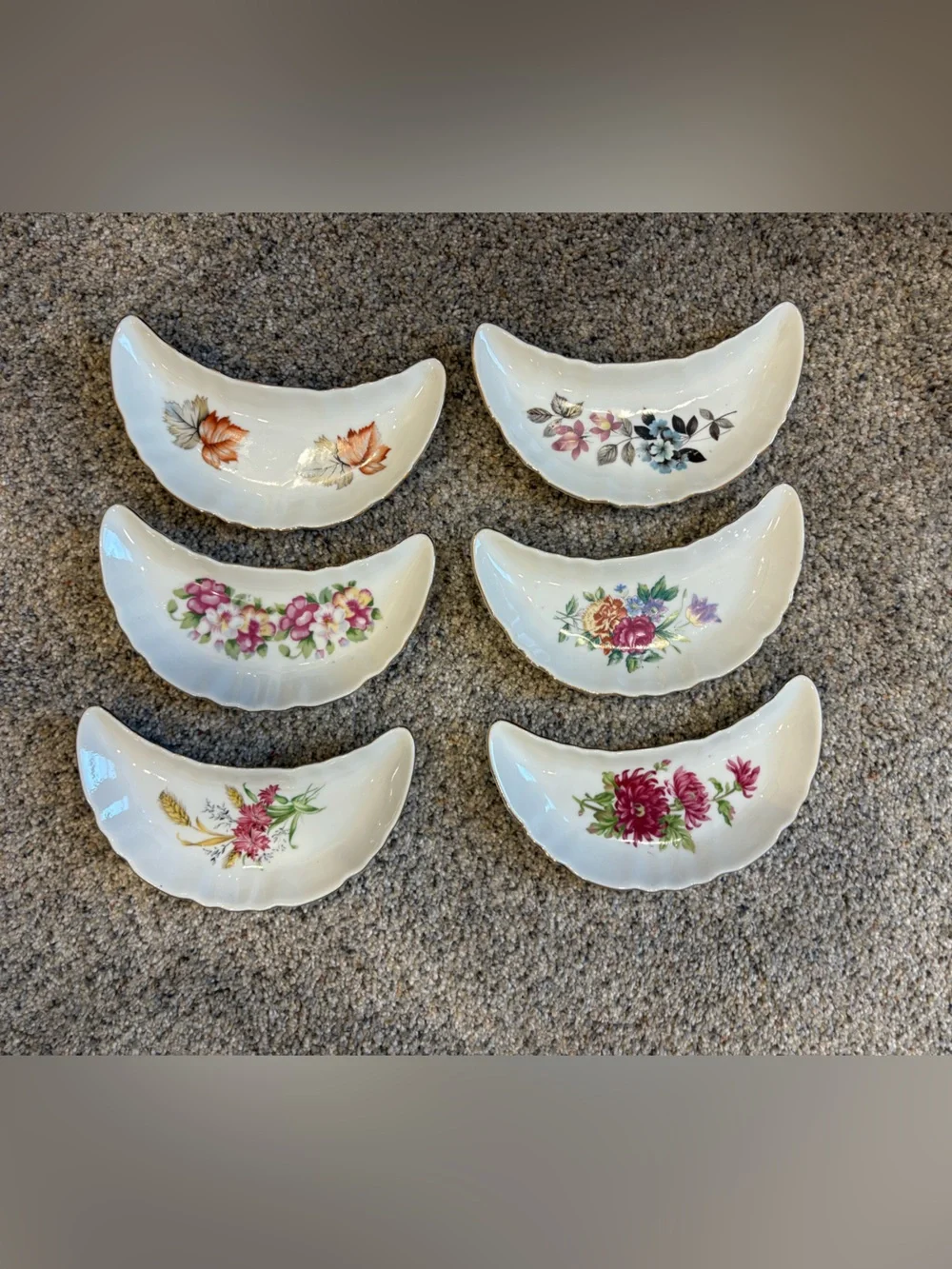 Set Of 6 CMI Inc Chadwick Japan Crescent Shape Porcelain Floral Bone Dishes VTG